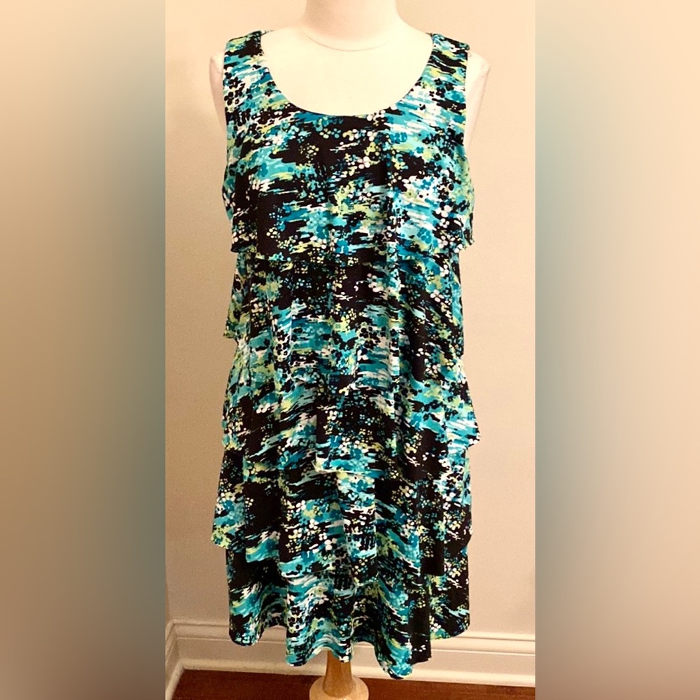 Notations Petite Black Turquoise Green Print SZ LP Boho Cottagecore Career Dress